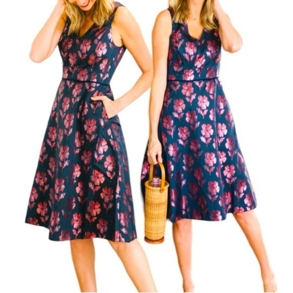NWT Draper James Floral Jacquard Midi Dress Size 8 Fit Flare Navy Pink Metallic - Picture 4 of 13